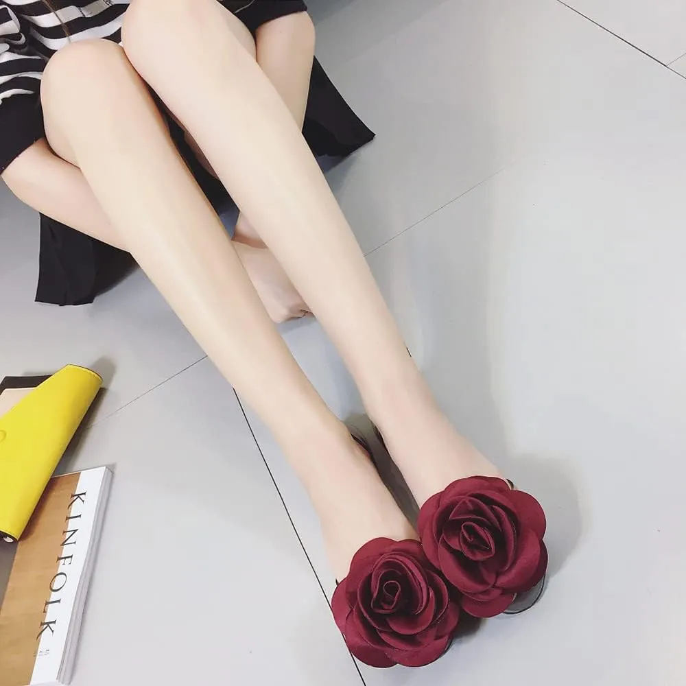 Women's Jelly Sandal Peep Toe Flats Strap With Rose Slip On Sandals For Summer Rose Decorate
