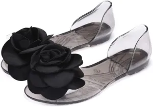 Women's Jelly Sandal Peep Toe Flats Strap With Rose Slip On Sandals For Summer Rose Decorate