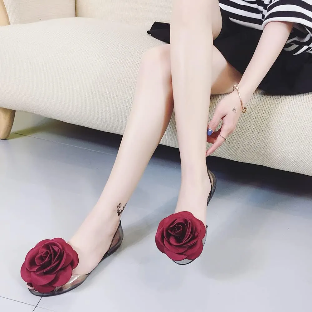 Women's Jelly Sandal Peep Toe Flats Strap With Rose Slip On Sandals For Summer Rose Decorate