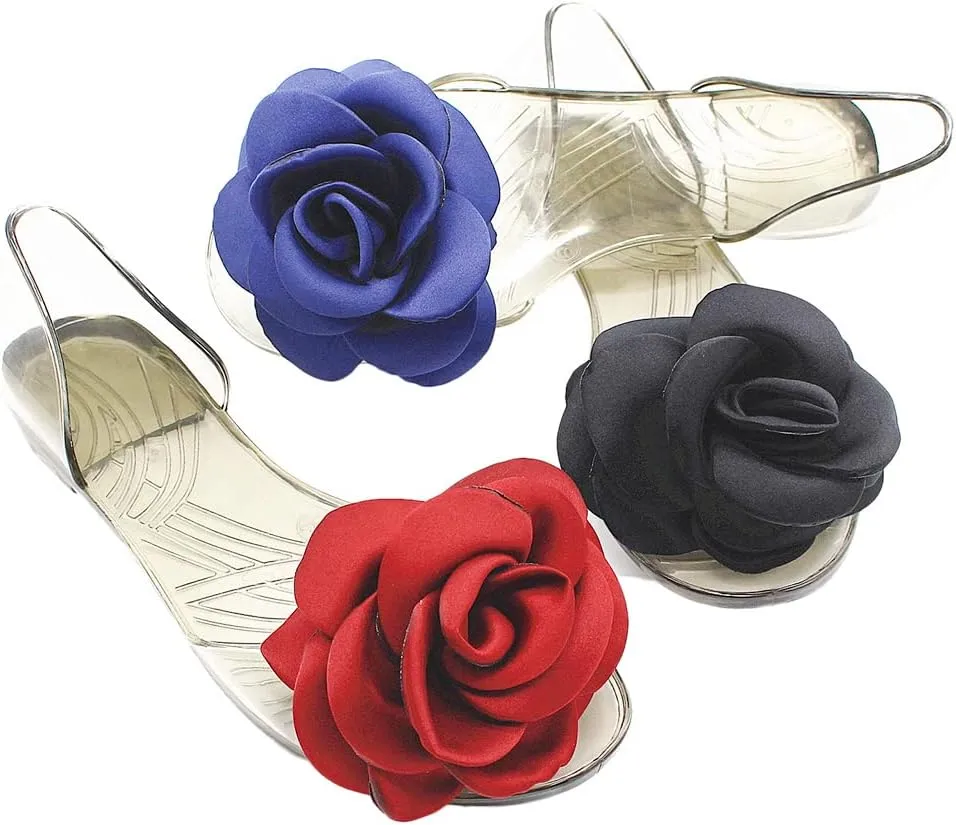 Women's Jelly Sandal Peep Toe Flats Strap With Rose Slip On Sandals For Summer Rose Decorate