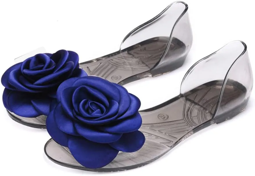 Women's Jelly Sandal Peep Toe Flats Strap With Rose Slip On Sandals For Summer Rose Decorate