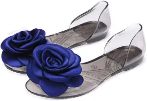 Women's Jelly Sandal Peep Toe Flats Strap With Rose Slip On Sandals For Summer Rose Decorate