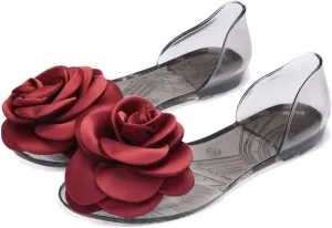 Women's Jelly Sandal Peep Toe Flats Strap With Rose Slip On Sandals For Summer Rose Decorate