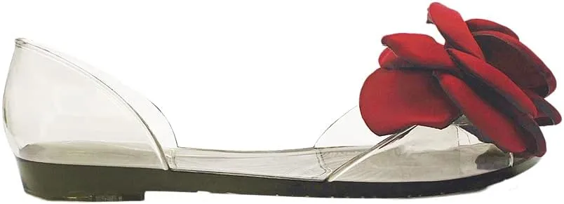 Women's Jelly Sandal Peep Toe Flats Strap With Rose Slip On Sandals For Summer Rose Decorate