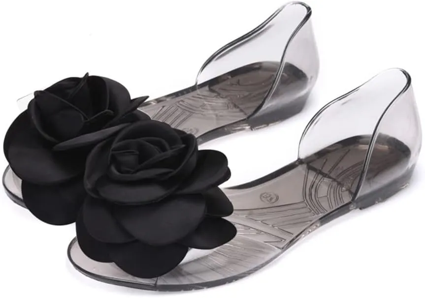 Women's Jelly Sandal Peep Toe Flats Strap With Rose Slip On Sandals For Summer Rose Decorate