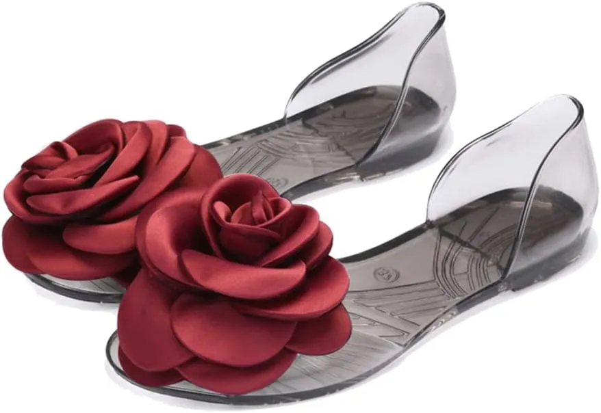 Women's Jelly Sandal Peep Toe Flats Strap With Rose Slip On Sandals For Summer Rose Decorate