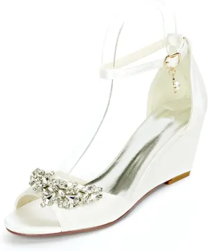 Womens Ladies Wedge Sandals Elegant Rhinestone Satin Ankle Strap High Heels Evening Party Bridal Wedding Prom Pumps