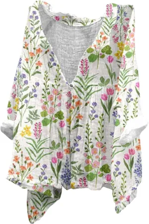 Womens Linen Button Down Shirts Women's Floral Butterfly Print Natural Autumn Casual Collared Blouses Loose Fit