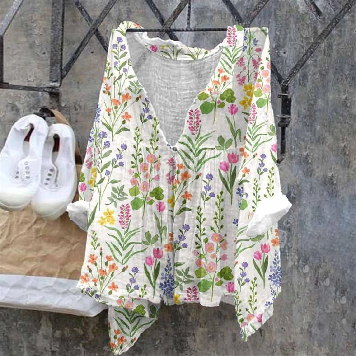 Womens Linen Button Down Shirts Women's Floral Butterfly Print Natural Autumn Casual Collared Blouses Loose Fit