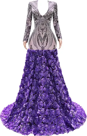 Women's Long Sleeves V-Neck Rose Sequins Mermaid Evening Dress