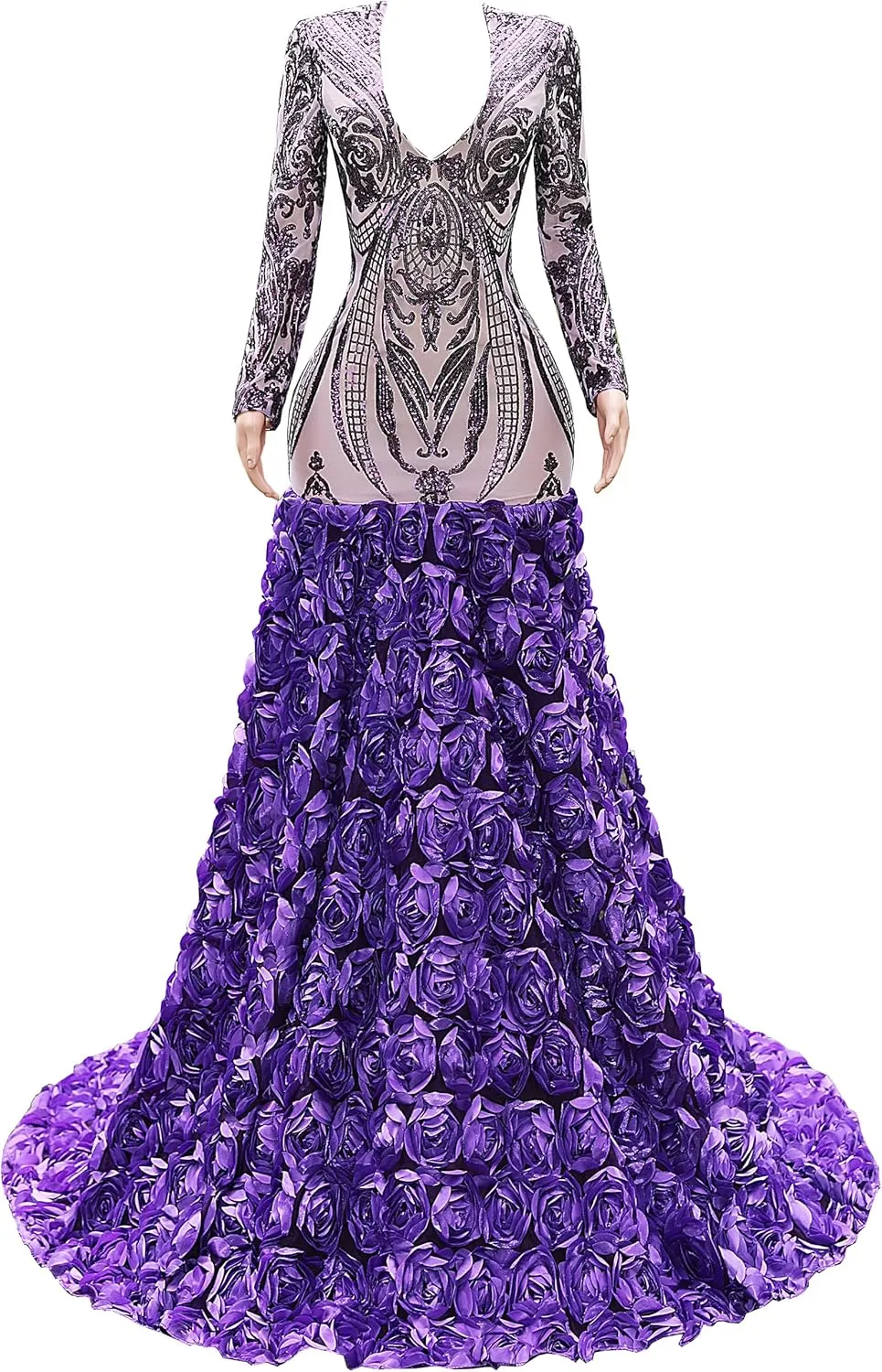 Women's Long Sleeves V-Neck Rose Sequins Mermaid Evening Dress
