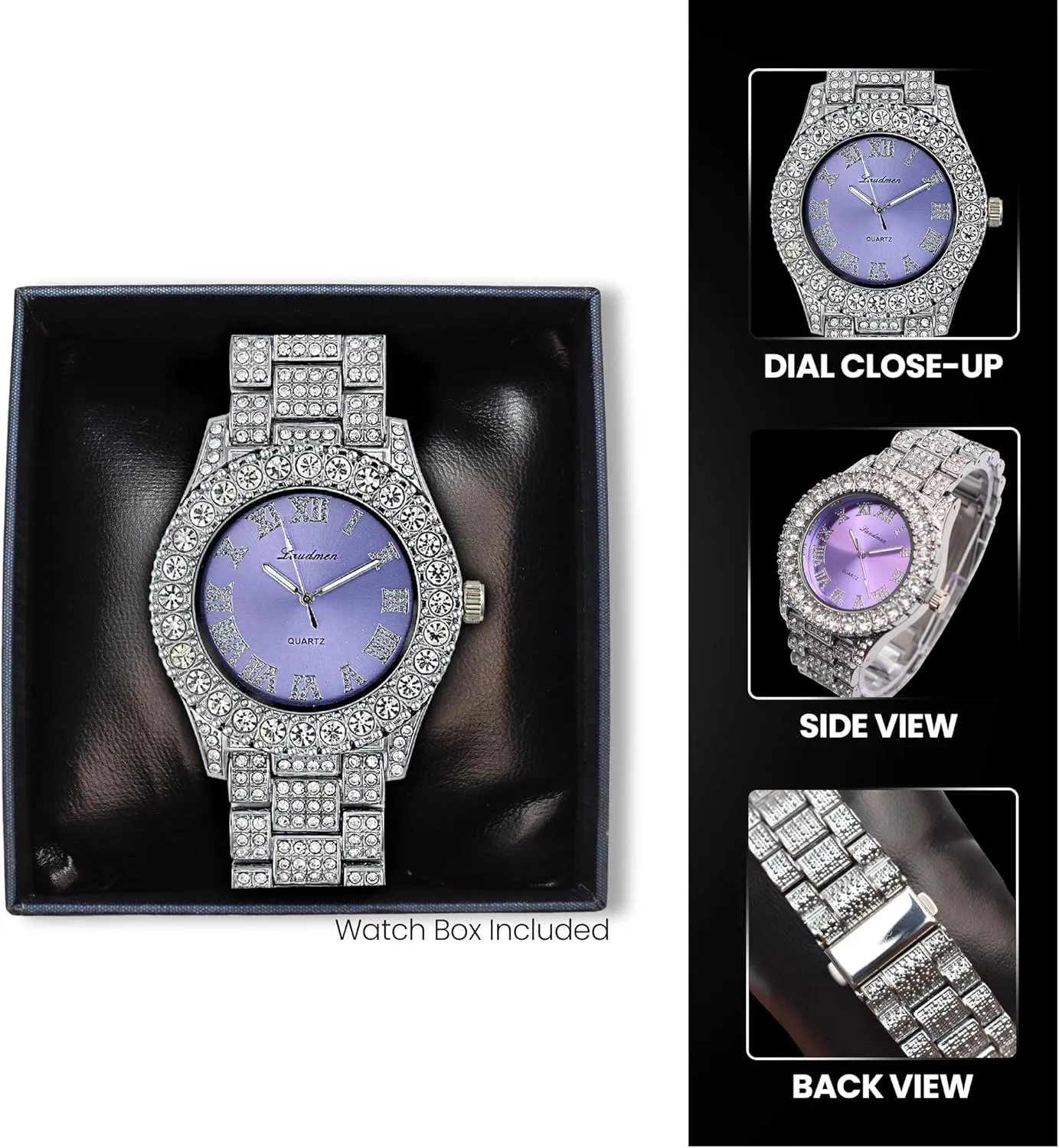 Women's Luxury Iced Bling Out Roman Numerals Watch & Bracelet Set – Big Rocks Bezel, Colored Dial