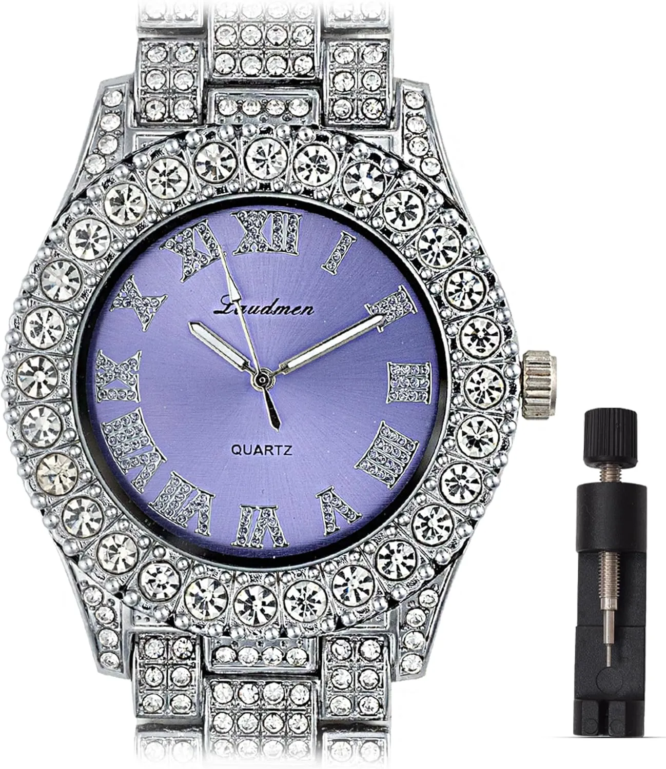 Women's Luxury Iced Bling Out Roman Numerals Watch & Bracelet Set – Big Rocks Bezel, Colored Dial