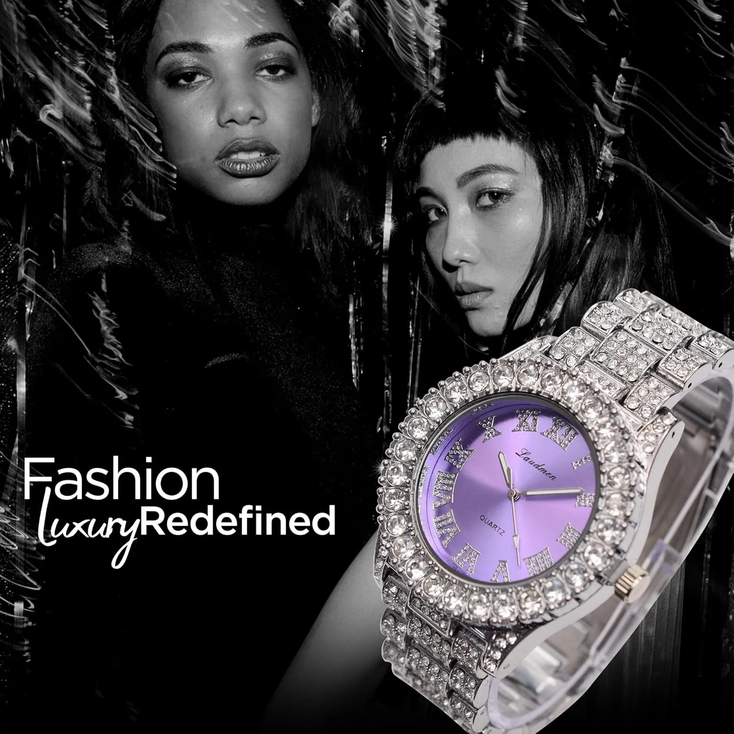 Women's Luxury Iced Bling Out Roman Numerals Watch & Bracelet Set – Big Rocks Bezel, Colored Dial