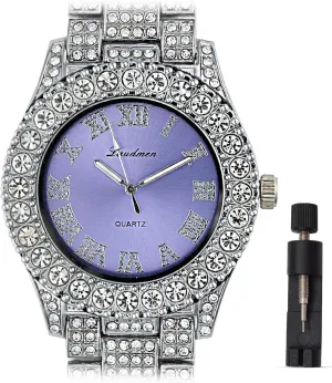 Women's Luxury Iced Bling Out Roman Numerals Watch & Bracelet Set – Big Rocks Bezel, Colored Dial