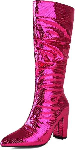 Women's Metallic Slouch Knee High Boots Block Heel Pointed Toe Faux Crocodile Long Boots