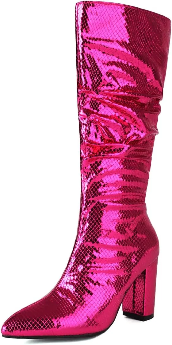 Women's Metallic Slouch Knee High Boots Block Heel Pointed Toe Faux Crocodile Long Boots