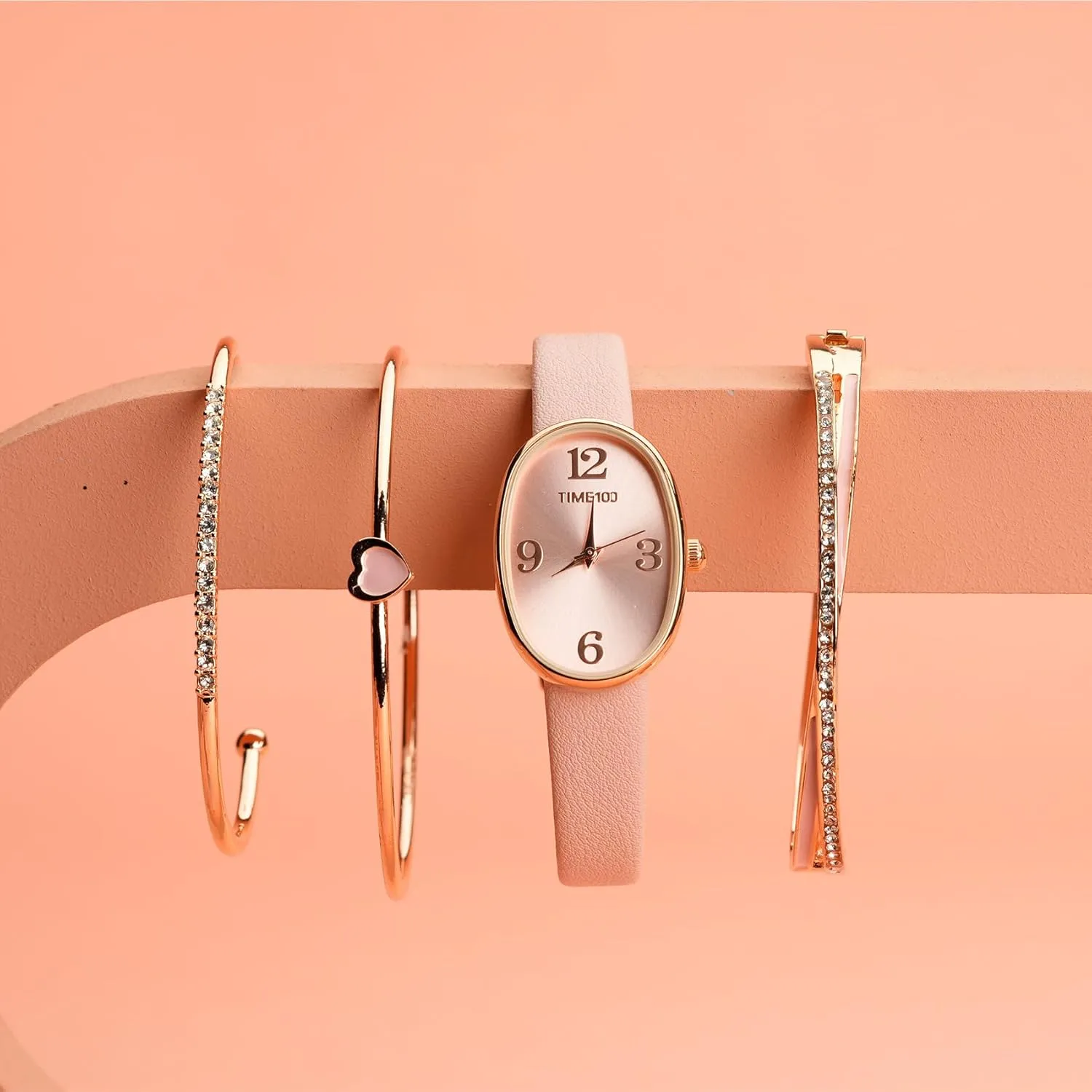 Women's Oval Watch and Premium Crystal Accented Bracelet Set, Leather Band