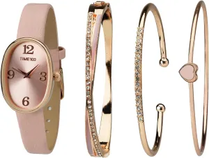 Women's Oval Watch and Premium Crystal Accented Bracelet Set, Leather Band