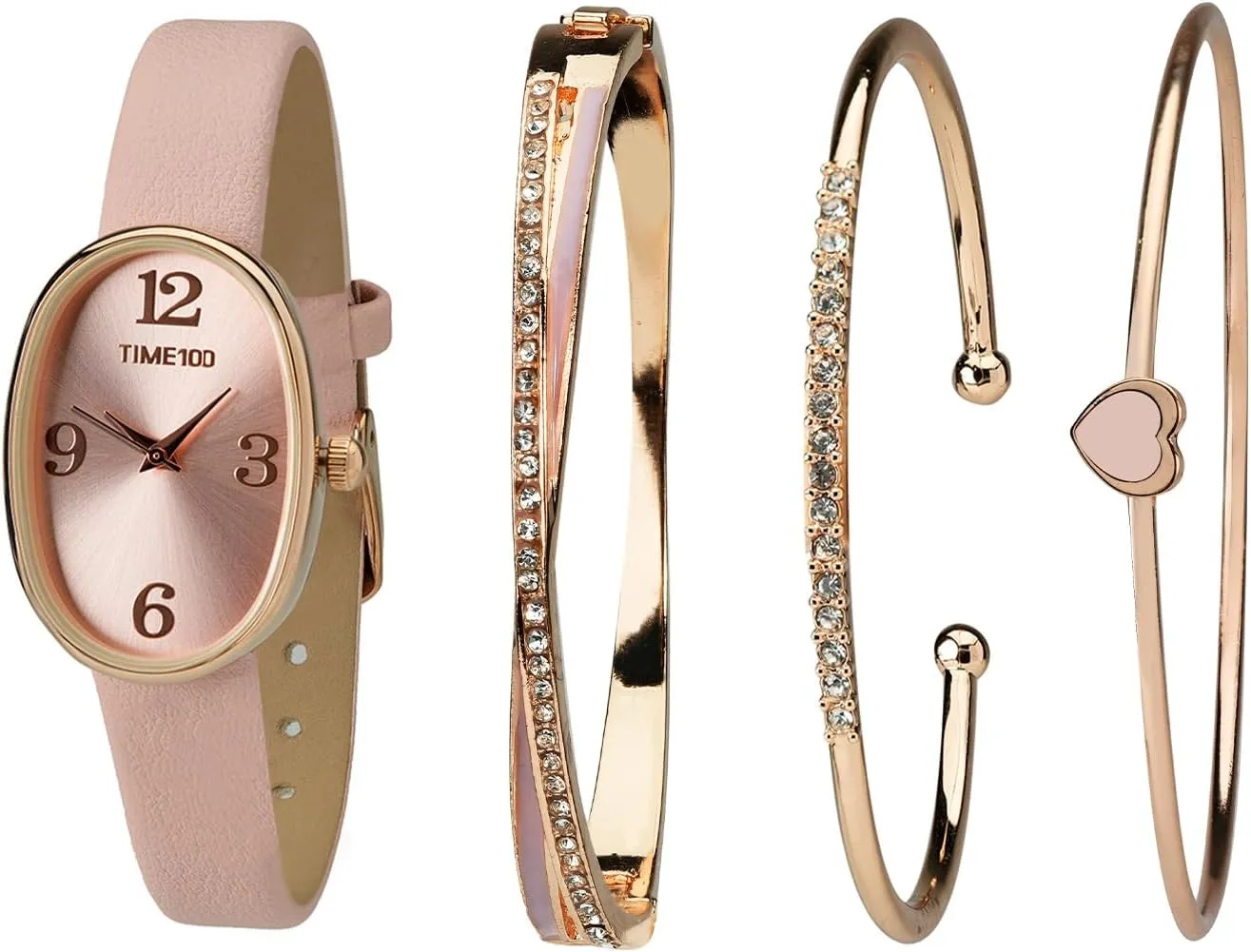 Women's Oval Watch and Premium Crystal Accented Bracelet Set, Leather Band