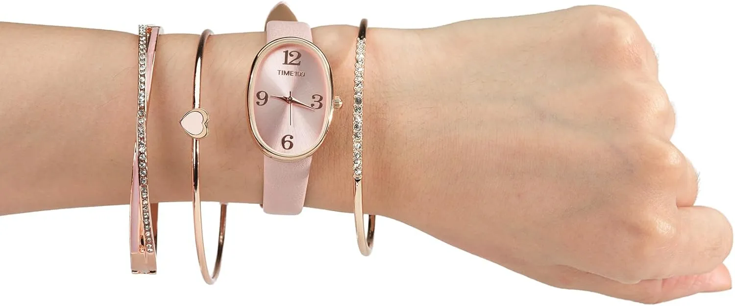 Women's Oval Watch and Premium Crystal Accented Bracelet Set, Leather Band