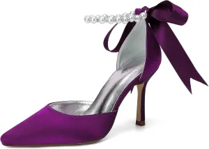 Women's Pearl Wedding Shoes for Bride High Stiletto Heels Satin Bridal Pumps for Women Dressy Party Prom Heels