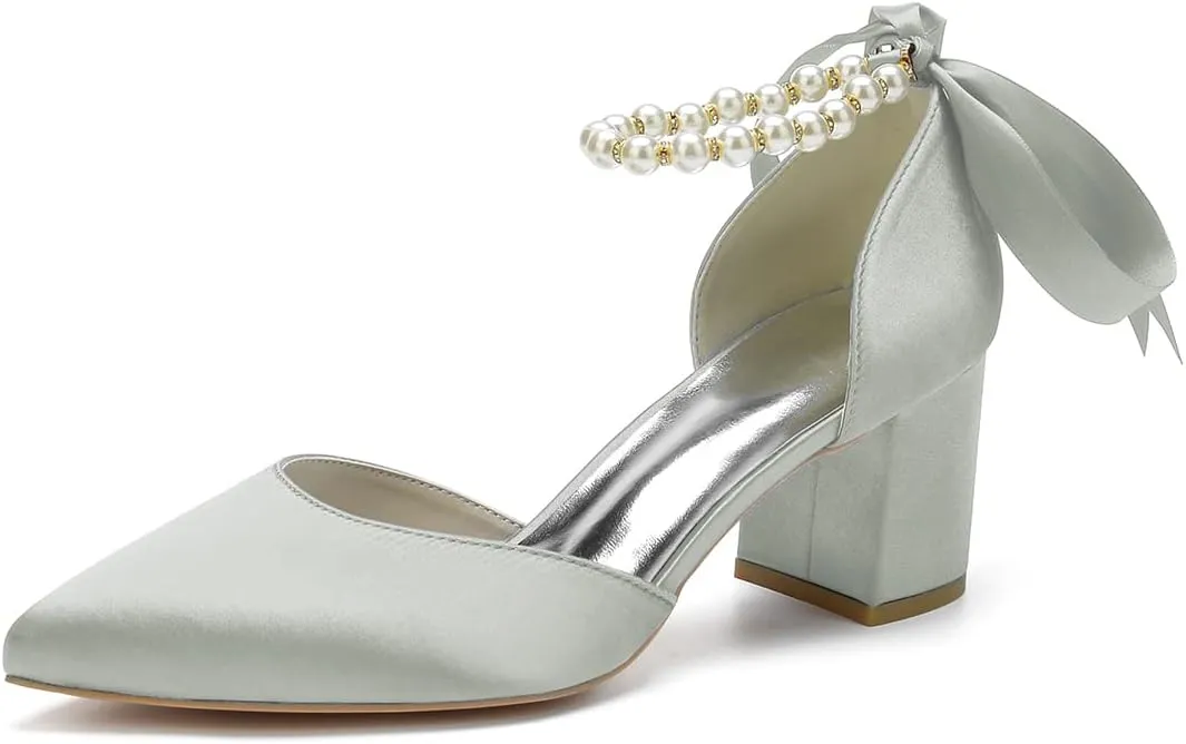 Women's Pointed Toe Chunky Block Heels Wedding Shoes for Bride Closed Toe High Heeled Wedding Bridal Dressy Shoes
