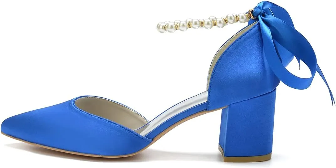 Women's Pointed Toe Chunky Block Heels Wedding Shoes for Bride Closed Toe High Heeled Wedding Bridal Dressy Shoes
