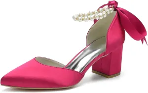 Women's Pointed Toe Chunky Block Heels Wedding Shoes for Bride Closed Toe High Heeled Wedding Bridal Dressy Shoes