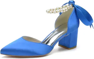 Women's Pointed Toe Chunky Block Heels Wedding Shoes for Bride Closed Toe High Heeled Wedding Bridal Dressy Shoes
