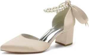 Women's Pointed Toe Chunky Block Heels Wedding Shoes for Bride Closed Toe High Heeled Wedding Bridal Dressy Shoes
