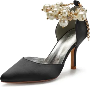 Women's Sandal 8CM High Heels Beaded Bowknot Strap Bridal Wedding Shoes Satin Stiletto Pump Elegant Formal Women's Sandal Pointed Toe,Black,8