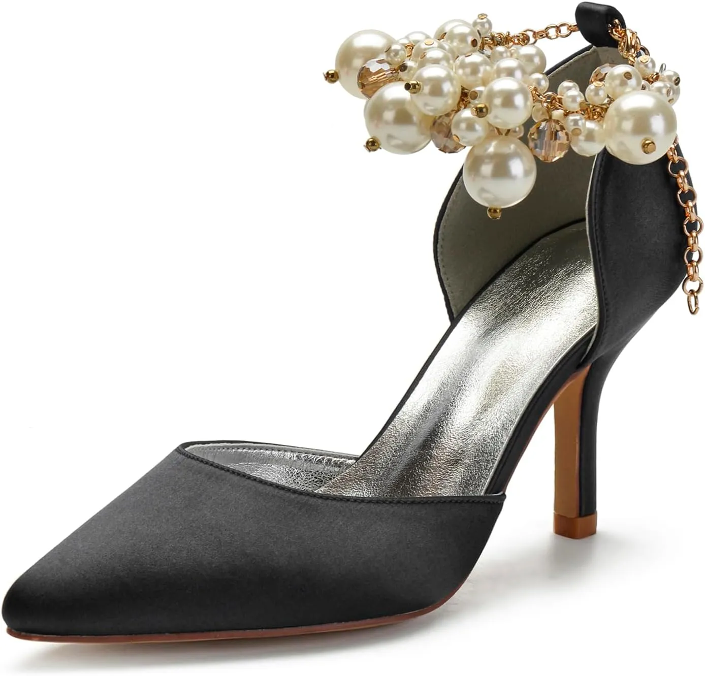 Women's Sandal 8CM High Heels Beaded Bowknot Strap Bridal Wedding Shoes Satin Stiletto Pump Elegant Formal Women's Sandal Pointed Toe,Black,8
