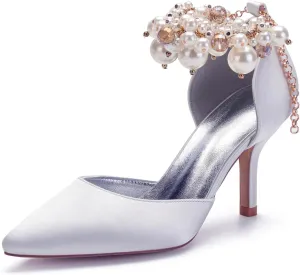 Women's Sandal 8CM High Heels Beaded Bowknot Strap Bridal Wedding Shoes Satin Stiletto Pump Elegant Formal Women's Sandal Pointed Toe,White,5