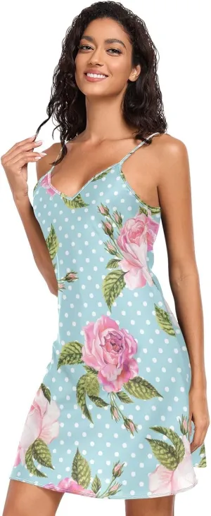 Women's Slip Dress Rose Pattern on Polka Dots Background Nightgown Sexy V Neck Negligee Nightwear