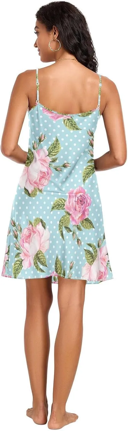 Women's Slip Dress Rose Pattern on Polka Dots Background Nightgown Sexy V Neck Negligee Nightwear
