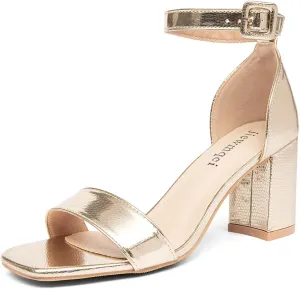 Women's Small Heel Sandals Gold Metallic Ankle Strap High Heel Sandals Square Open Toe Dress Party Shoes 3-Inch Heel