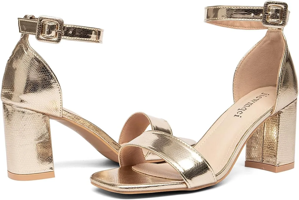 Women's Small Heel Sandals Gold Metallic Ankle Strap High Heel Sandals Square Open Toe Dress Party Shoes 3-Inch Heel