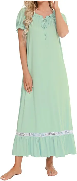 Women's Solid Color Lace Splice Short Sleeve Nightgown Cute Comfortable Sleepwear Home Dress Hollow Fresh Pajama