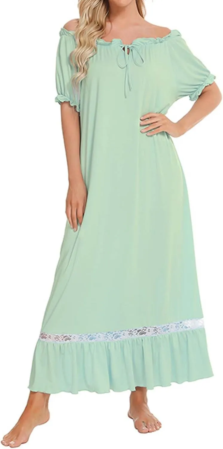 Women's Solid Color Lace Splice Short Sleeve Nightgown Cute Comfortable Sleepwear Home Dress Hollow Fresh Pajama
