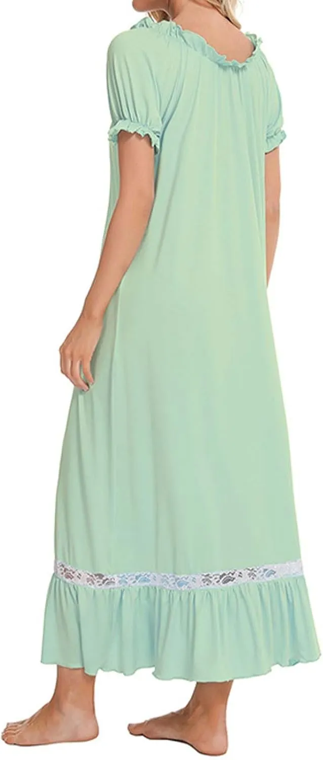 Women's Solid Color Lace Splice Short Sleeve Nightgown Cute Comfortable Sleepwear Home Dress Hollow Fresh Pajama