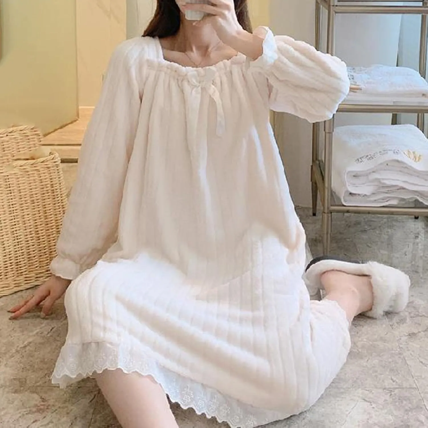 Womens Solid Coloured Flannel Thickened Padded Warm Of The Nightgown Over The Head Type Of Homewear Soft Comfy Pants