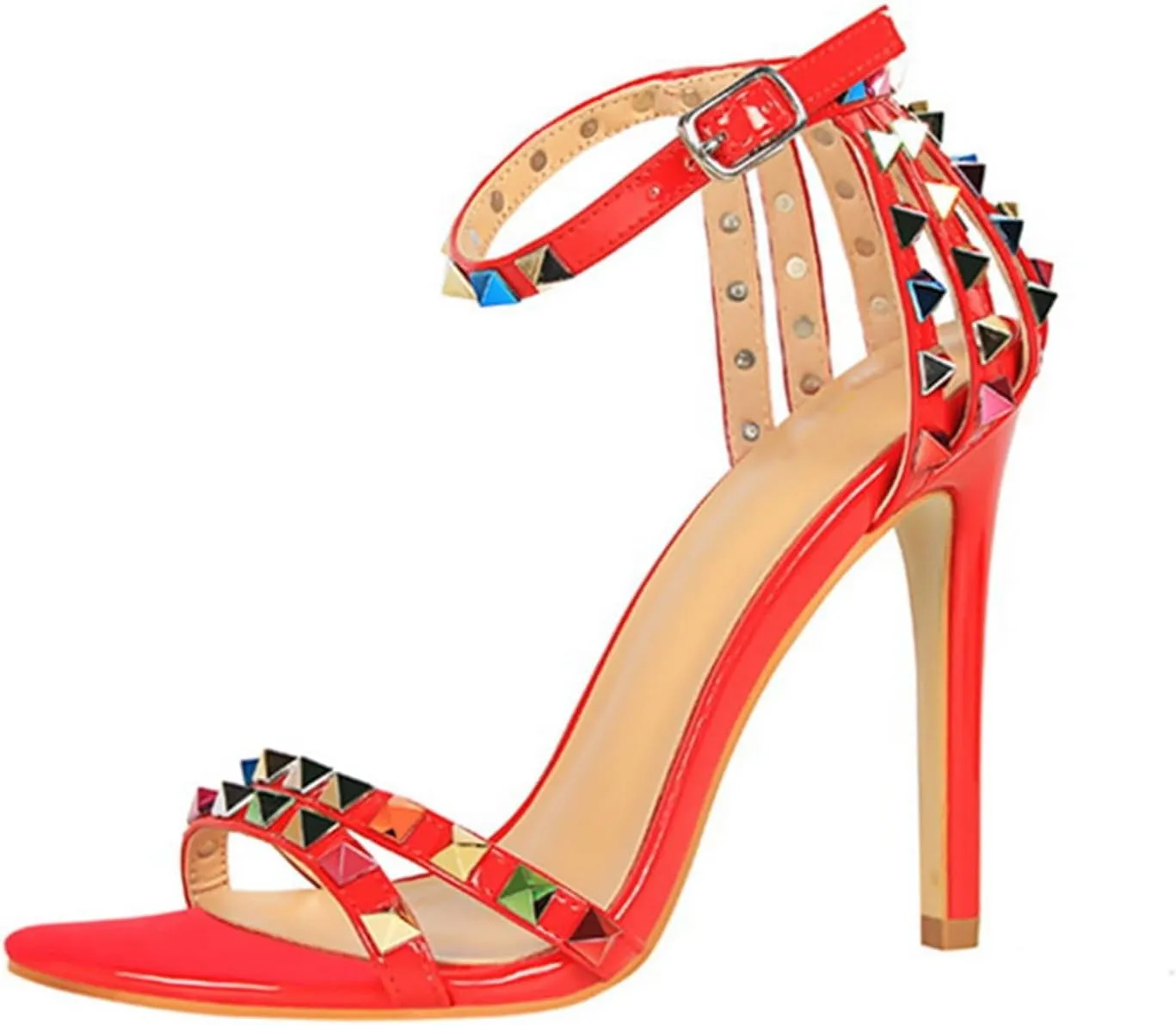 Women's Strap Colorful Rhinestones Stilettos High Heels Round Open Toe Ankle Wrap Studded Spike Sandals Sexy