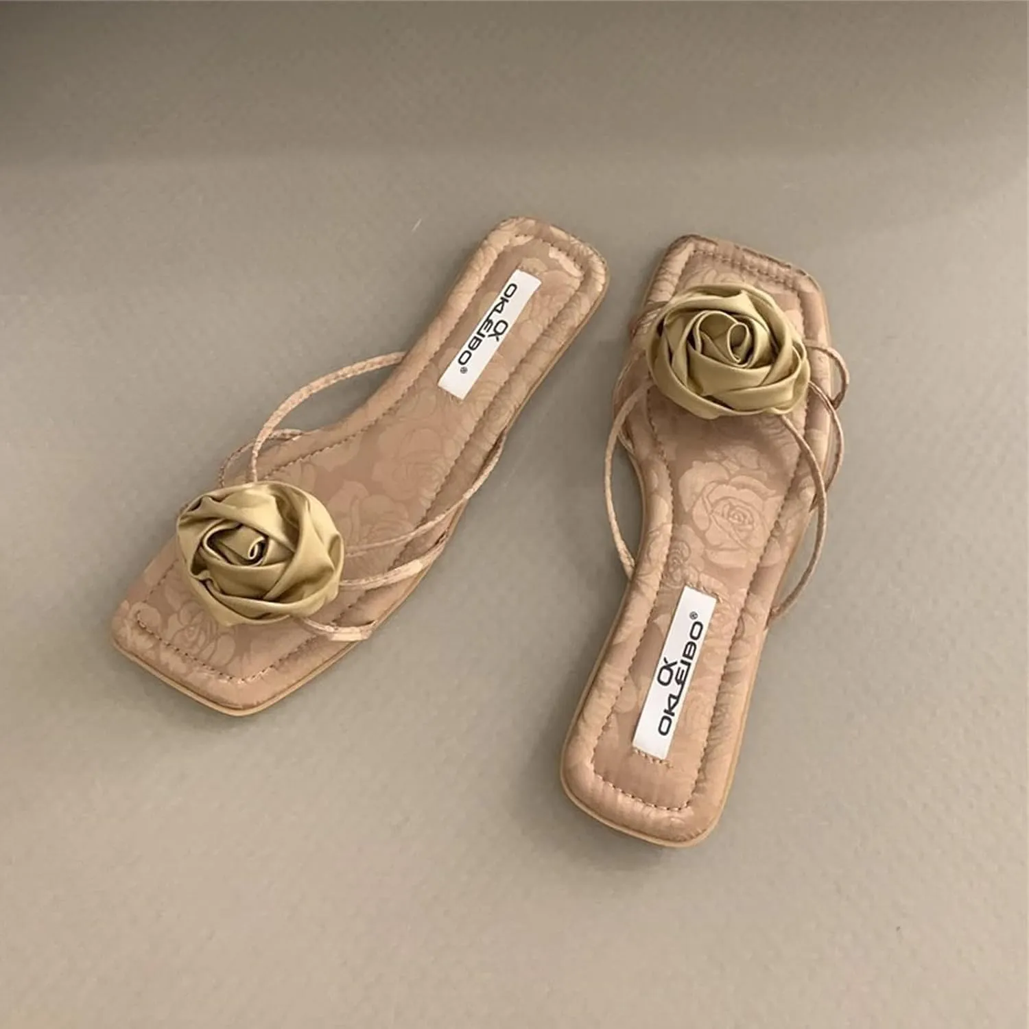 Women'S strappy satin Slip-On Flat slides Sandals with Rose decor Fashion Square Open Toe Flat dress Slides Summer Dressy Evening Party Wedding slippers