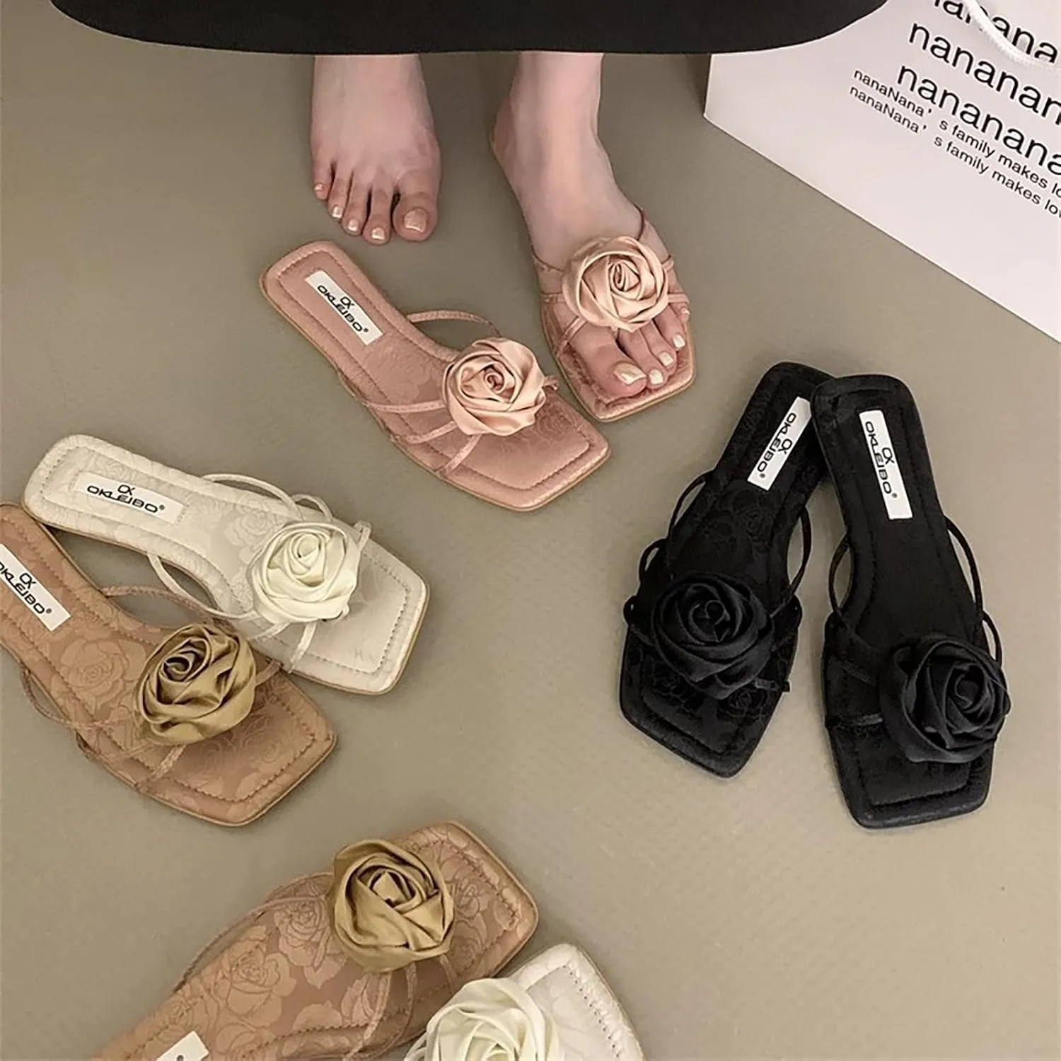 Women'S strappy satin Slip-On Flat slides Sandals with Rose decor Fashion Square Open Toe Flat dress Slides Summer Dressy Evening Party Wedding slippers