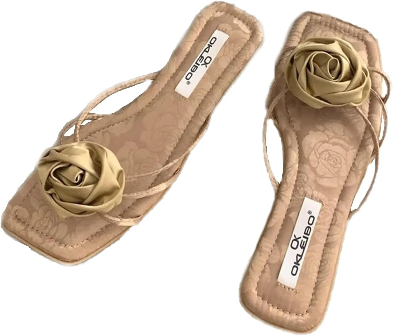 Women'S strappy satin Slip-On Flat slides Sandals with Rose decor Fashion Square Open Toe Flat dress Slides Summer Dressy Evening Party Wedding slippers