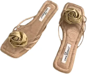 Women'S strappy satin Slip-On Flat slides Sandals with Rose decor Fashion Square Open Toe Flat dress Slides Summer Dressy Evening Party Wedding slippers
