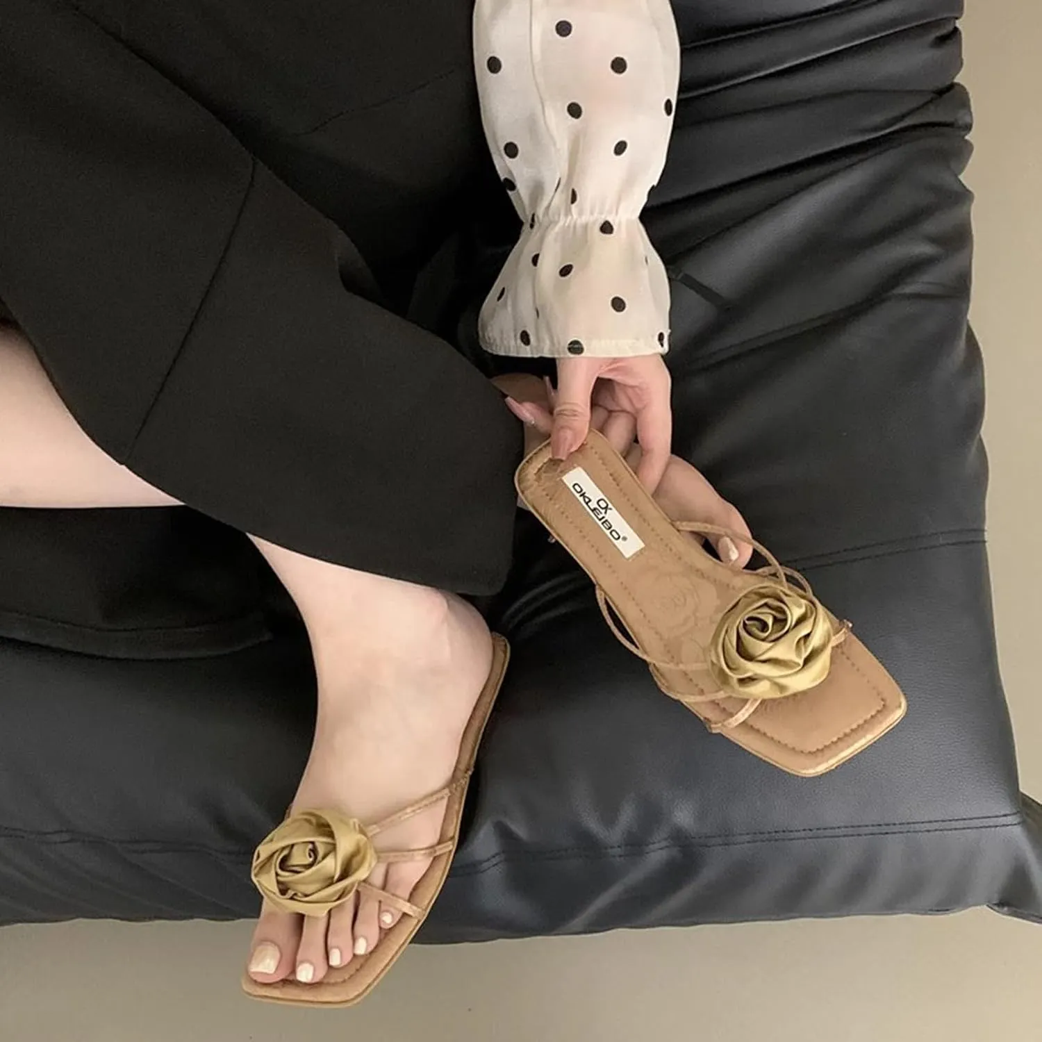 Women'S strappy satin Slip-On Flat slides Sandals with Rose decor Fashion Square Open Toe Flat dress Slides Summer Dressy Evening Party Wedding slippers
