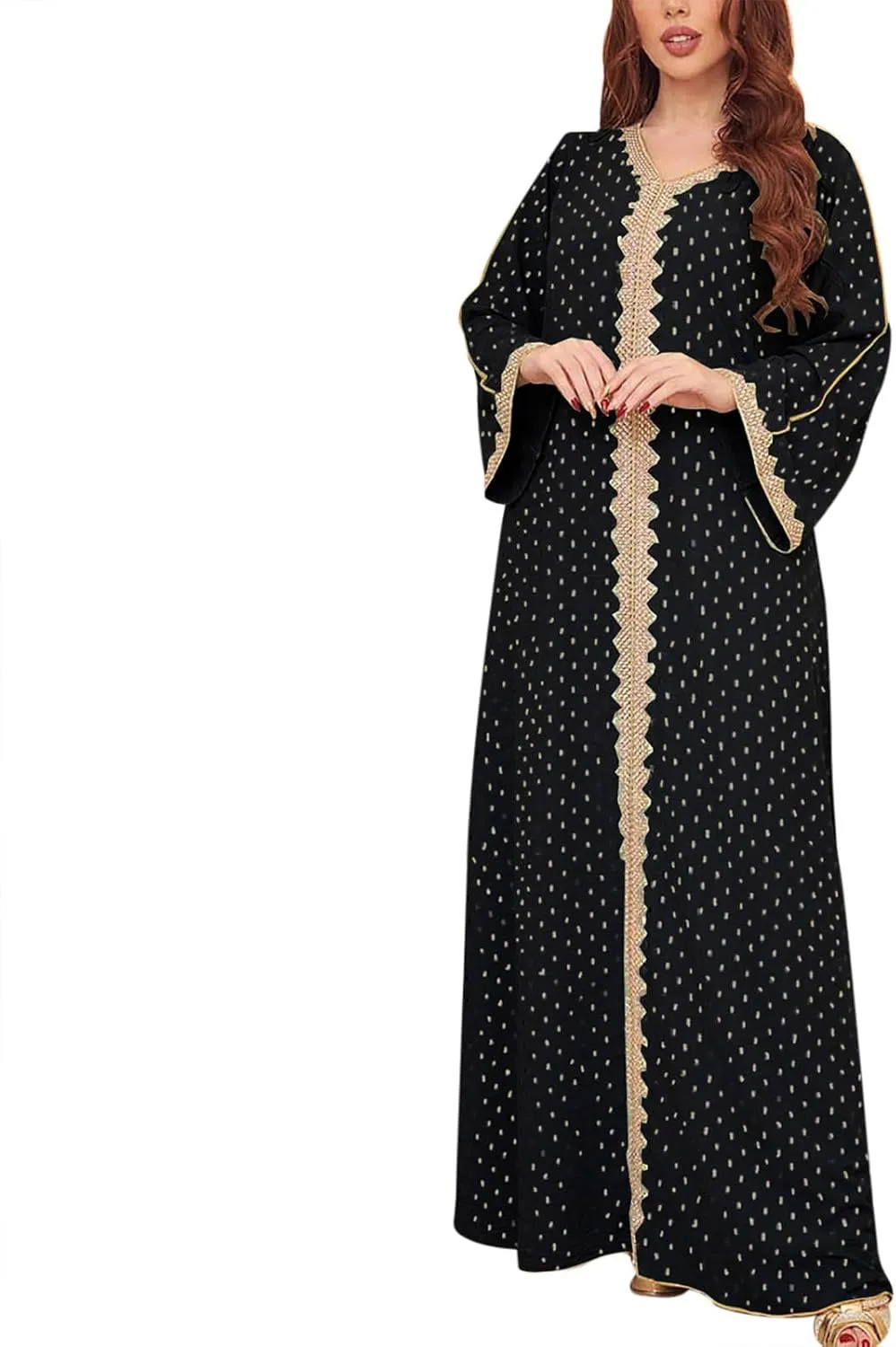 Women's V Neck Color Block Polka Dot Print Long Sleeve Long Muslim Sleepwear With Gold Foil Soft Comfy Nightgowns