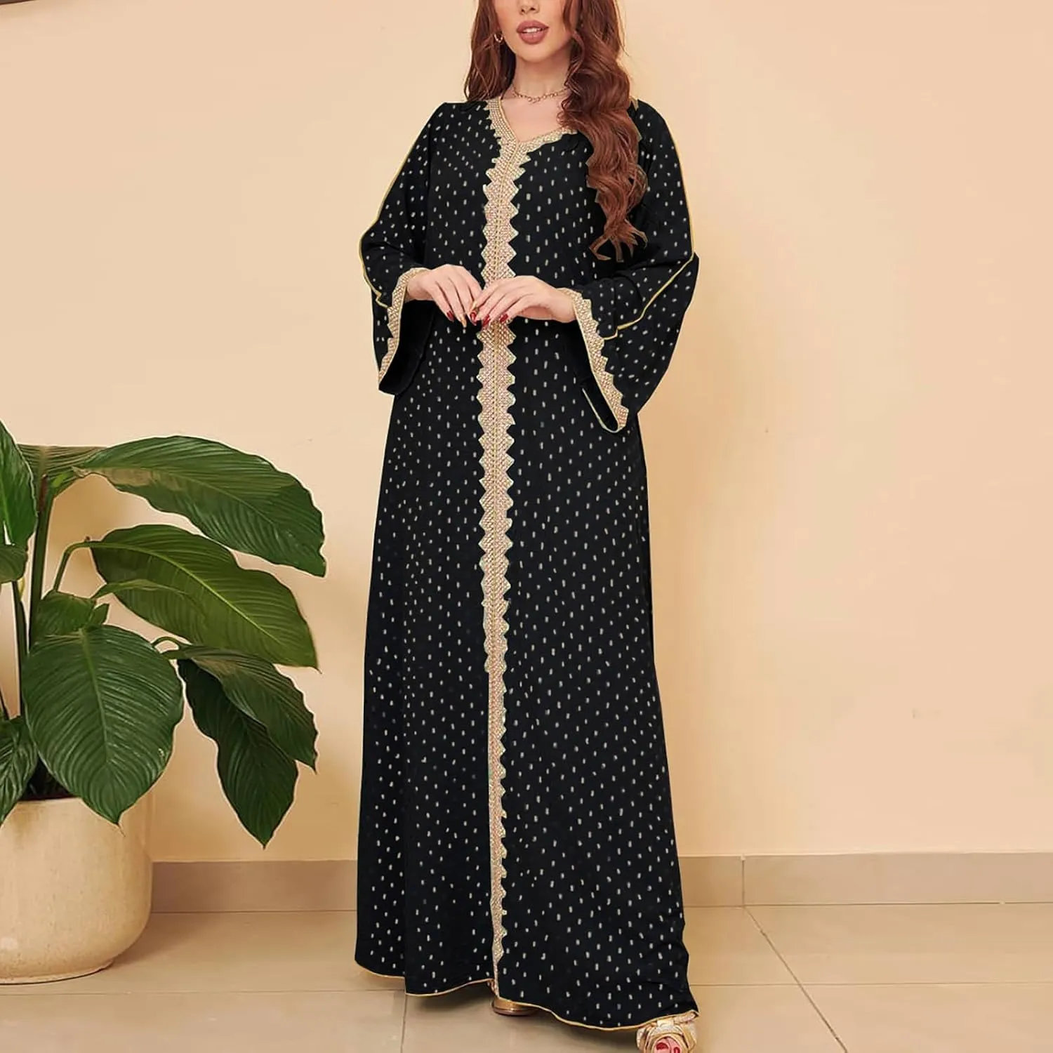 Women's V Neck Color Block Polka Dot Print Long Sleeve Long Muslim Sleepwear With Gold Foil Soft Comfy Nightgowns